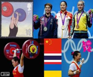 Puzzle Άρση βαρών γυναικών 58 kg πόντιουμ, Li Xueying (Κίνα), Pimsiri Sirikaew (Ταϊλάνδη) και η Yulia Kalina (Ουκρανία) - London 2012-